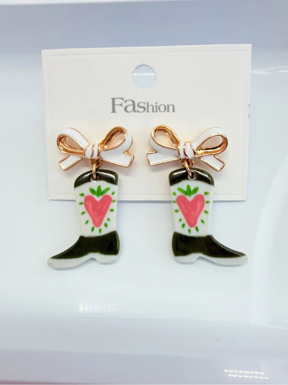 cowboy boot earrings with pink heart and green leaves #cowboy #western# ER0816
